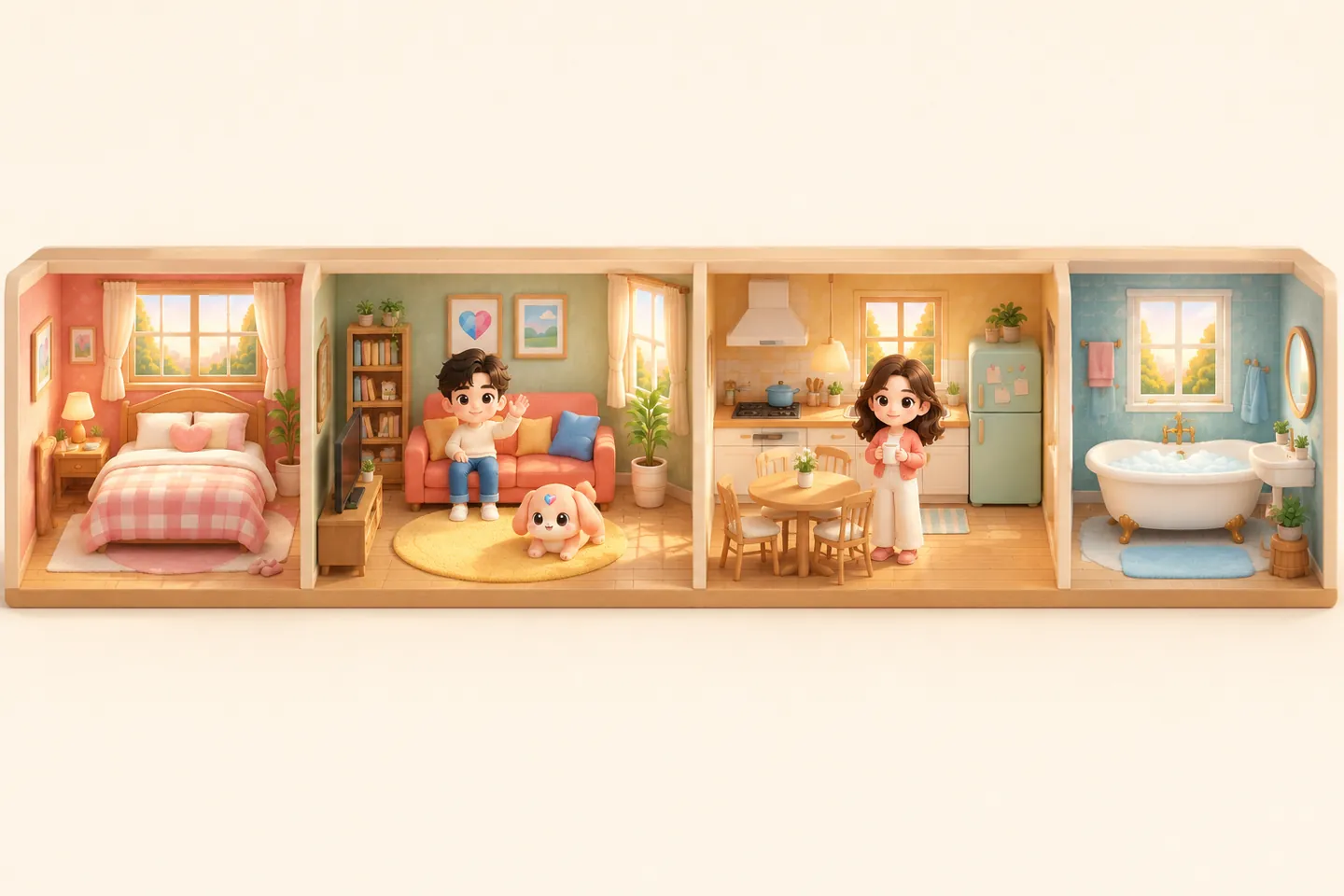 A row of rooms with a couple and their Bondling at home