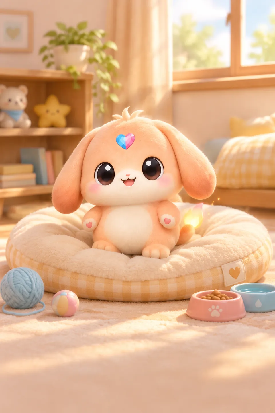 A peach-colored Bondling sitting on a cushion in a sunny room