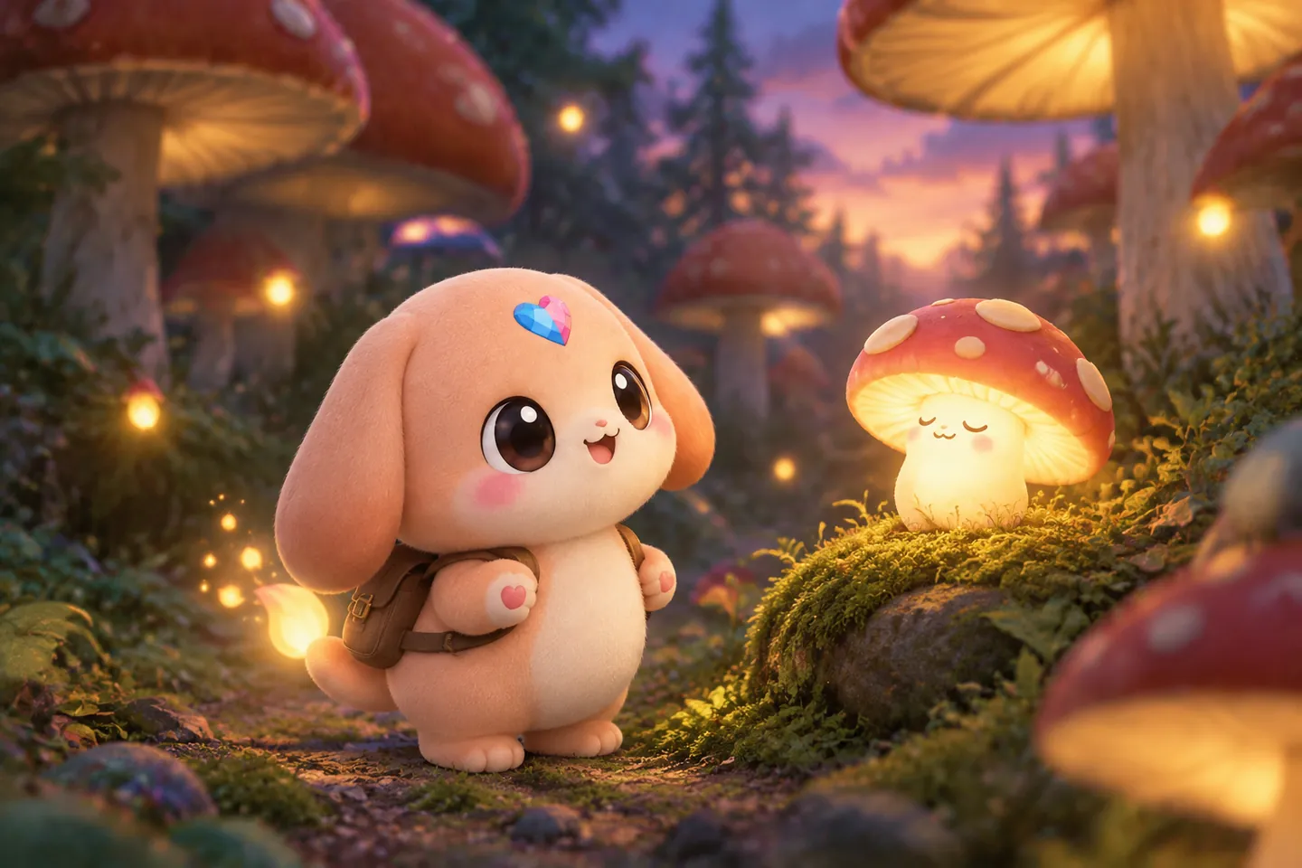 A Bondling with a small backpack exploring a forest of glowing mushrooms