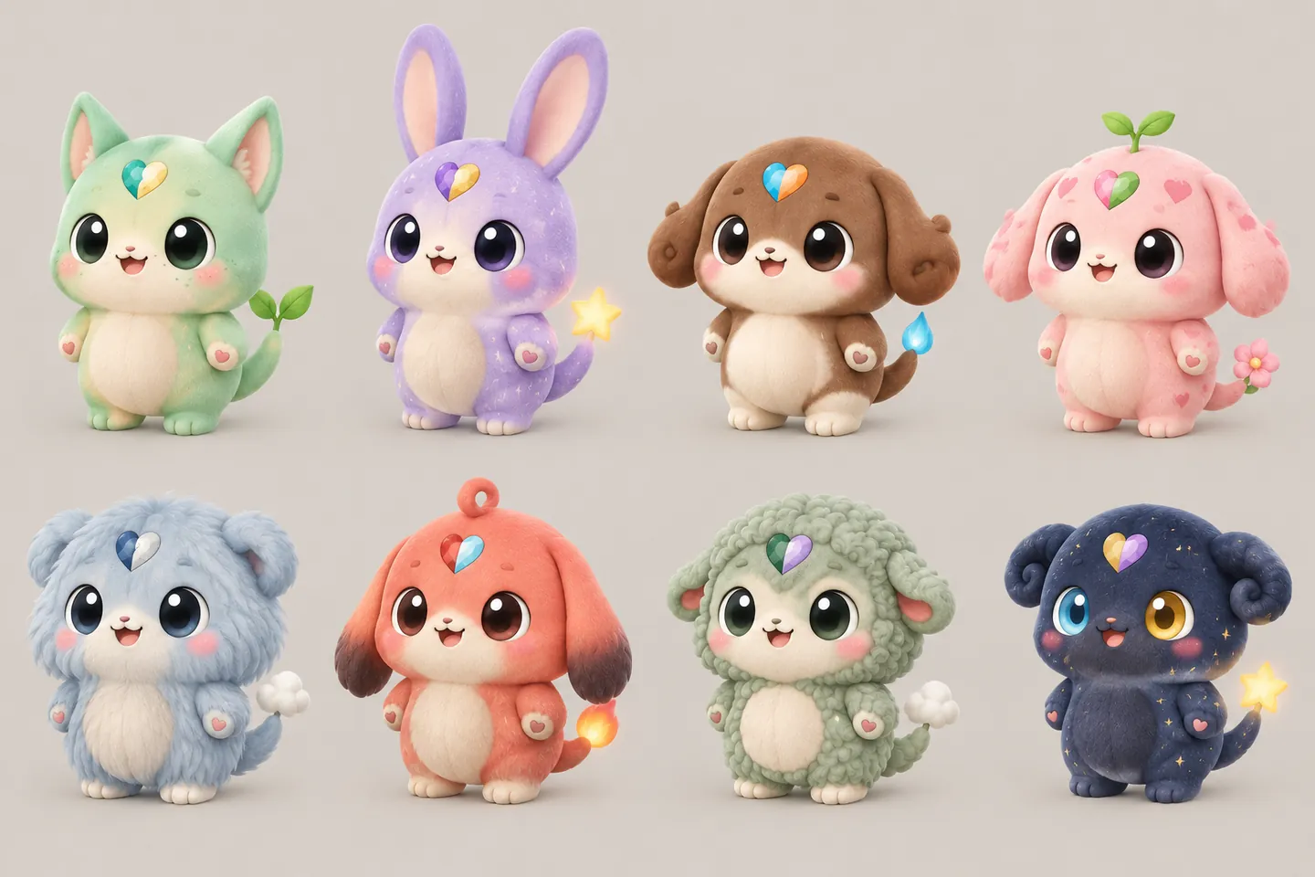 Eight Bondlings in different colors, ear shapes and markings